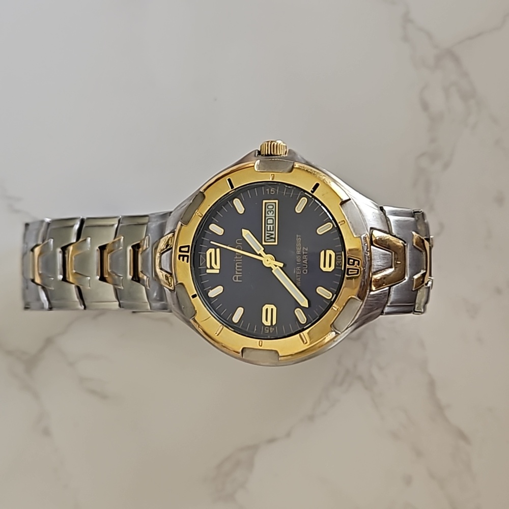 Amitron Watch Men Gold Silver Two Tone Round Blue Dial Day Date New Battery